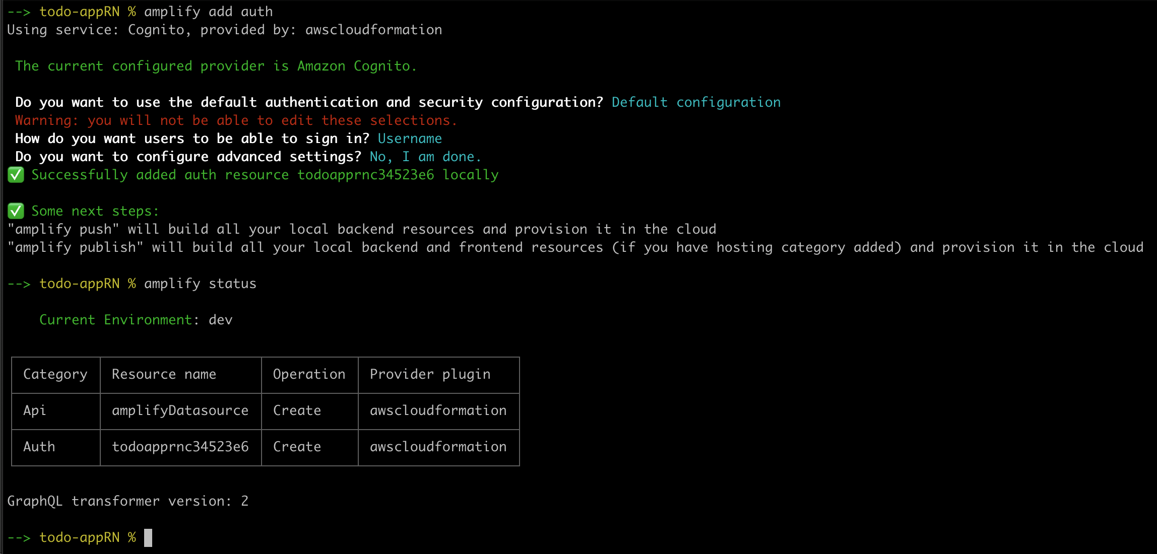 "Output from running amplify add auth"