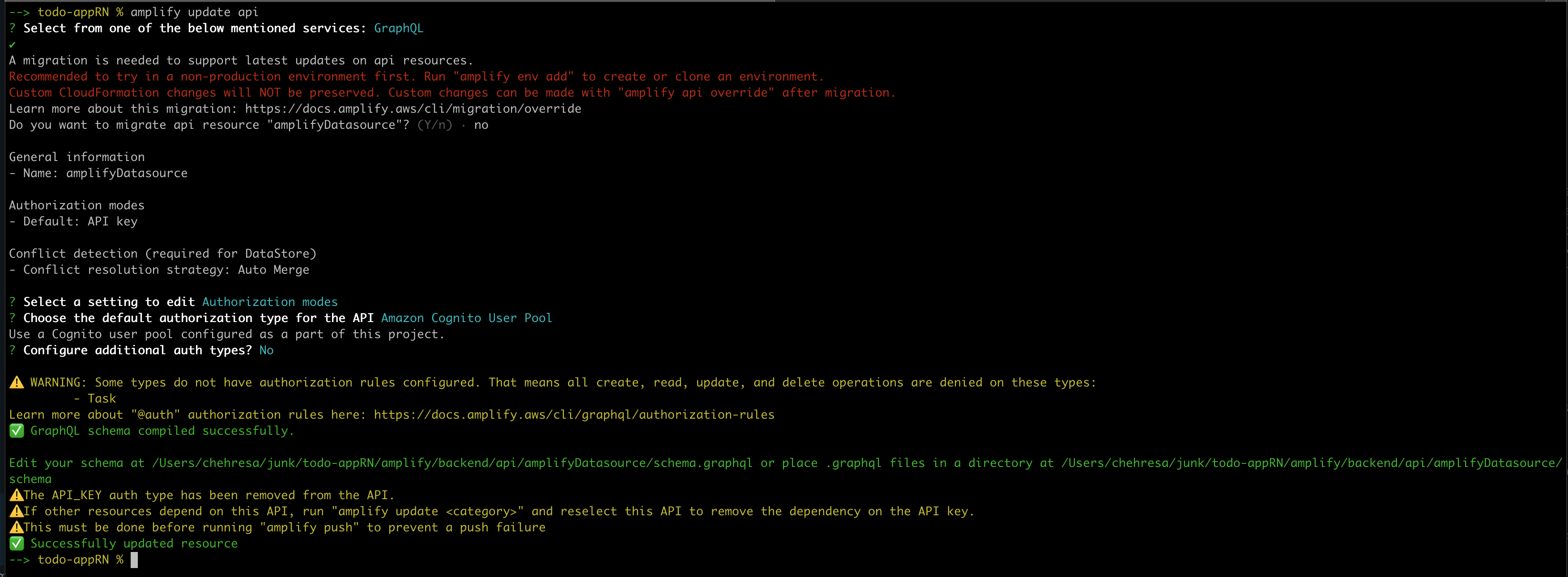"Output from running amplify update api"