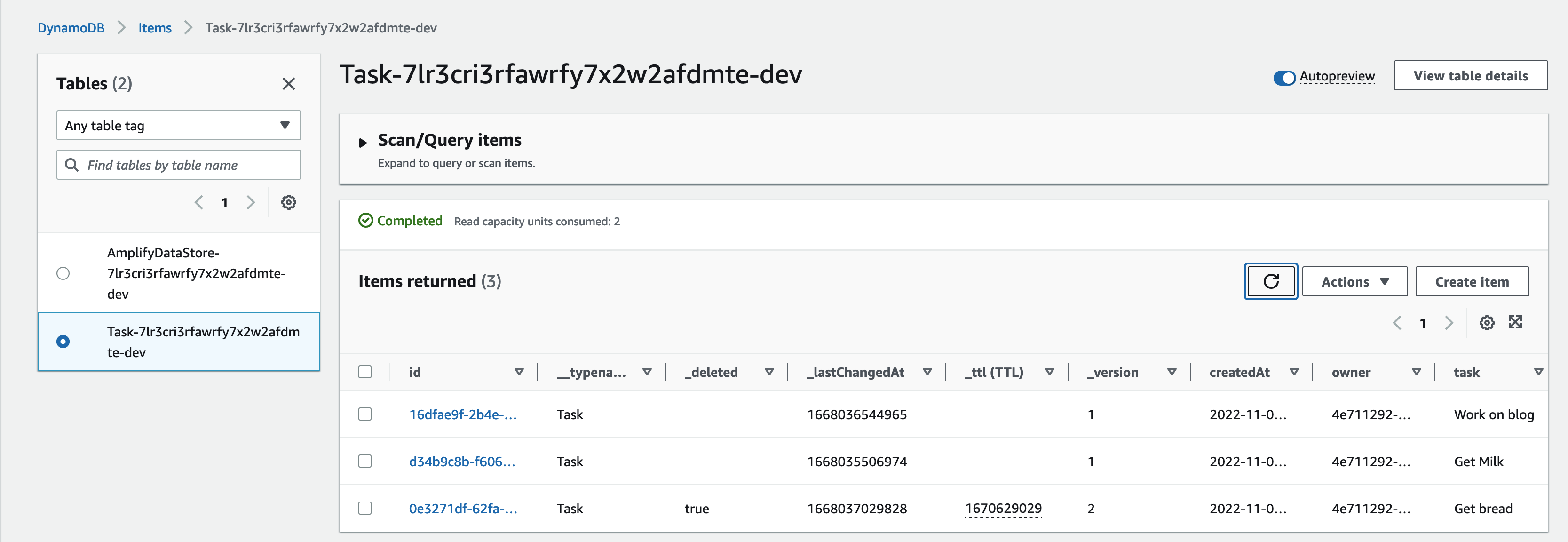 "Deletion of Get Bread item sync'd with our DynamoDB table - see _deleted column set to true"