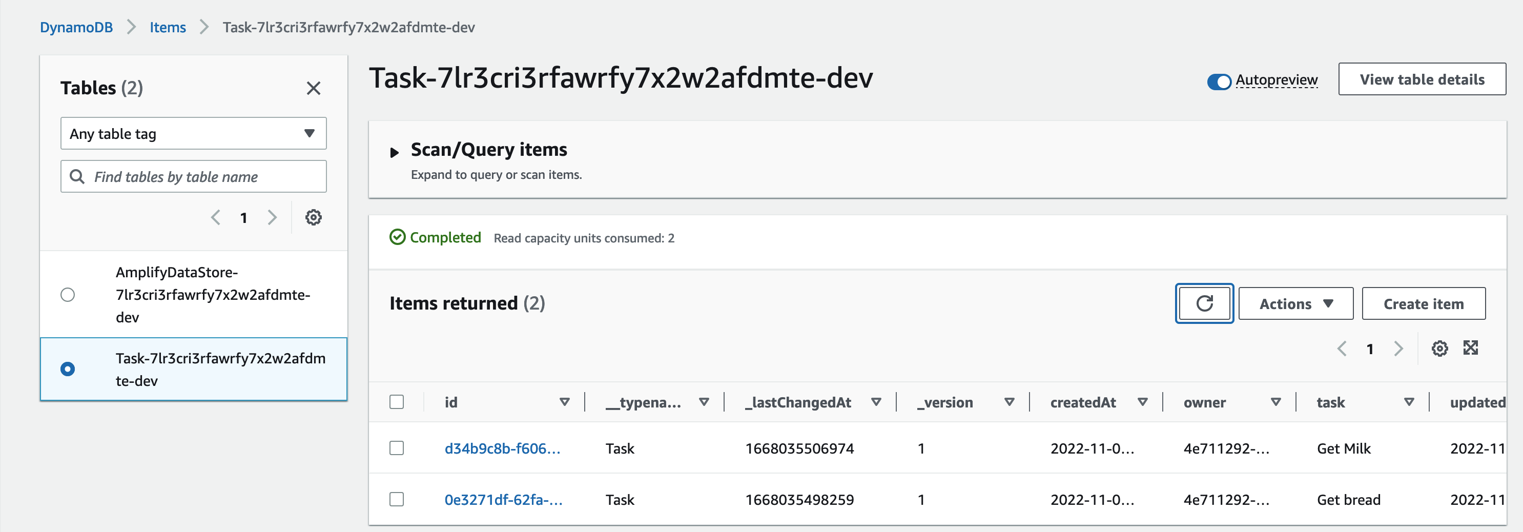 "DynamoDB table now populated with our new entries"